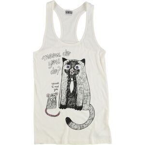 Scratch Womens Meow Do You Do Tank Top, Off-White, NWT